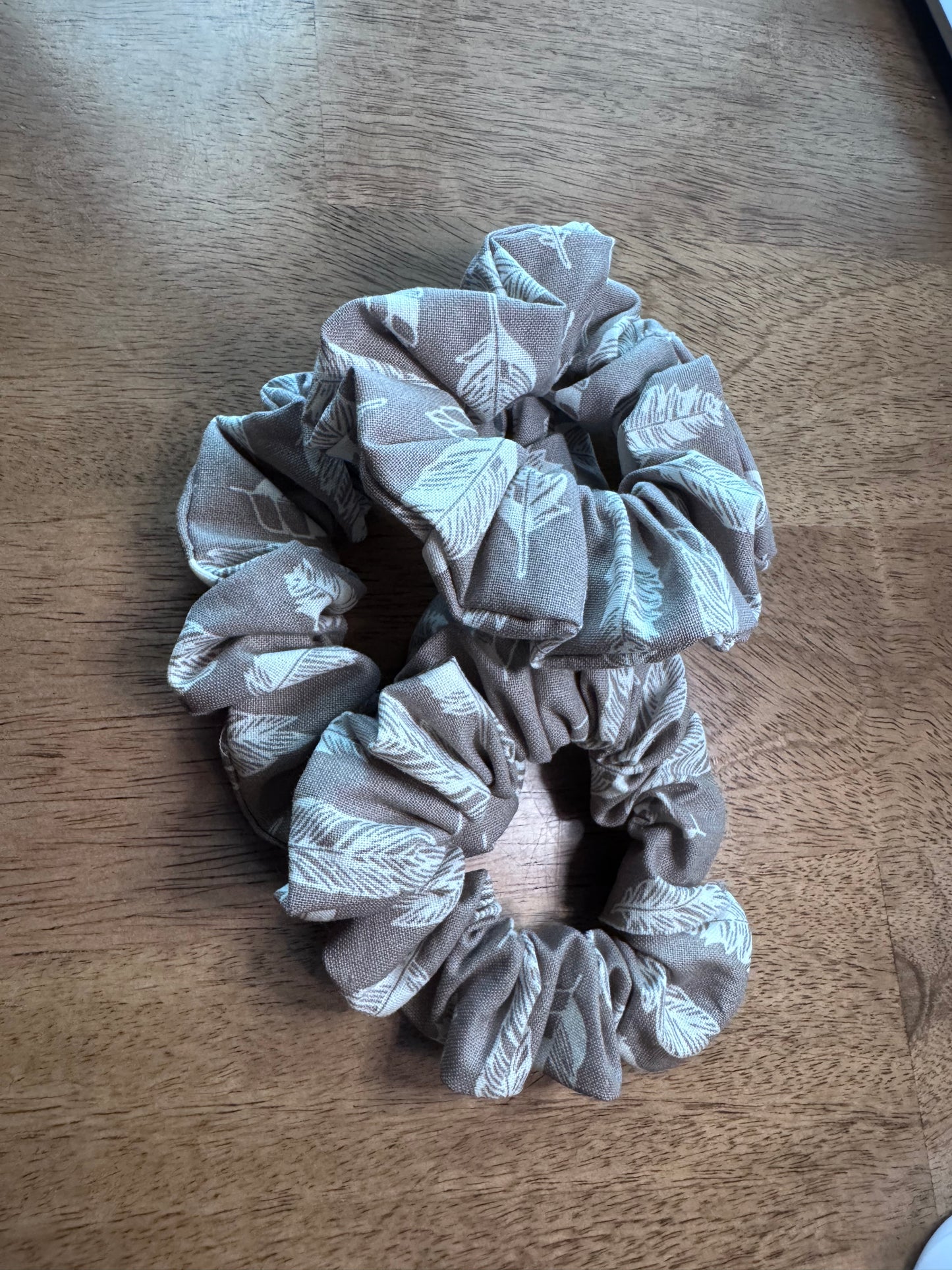 Grey w/ white feather scrunchie